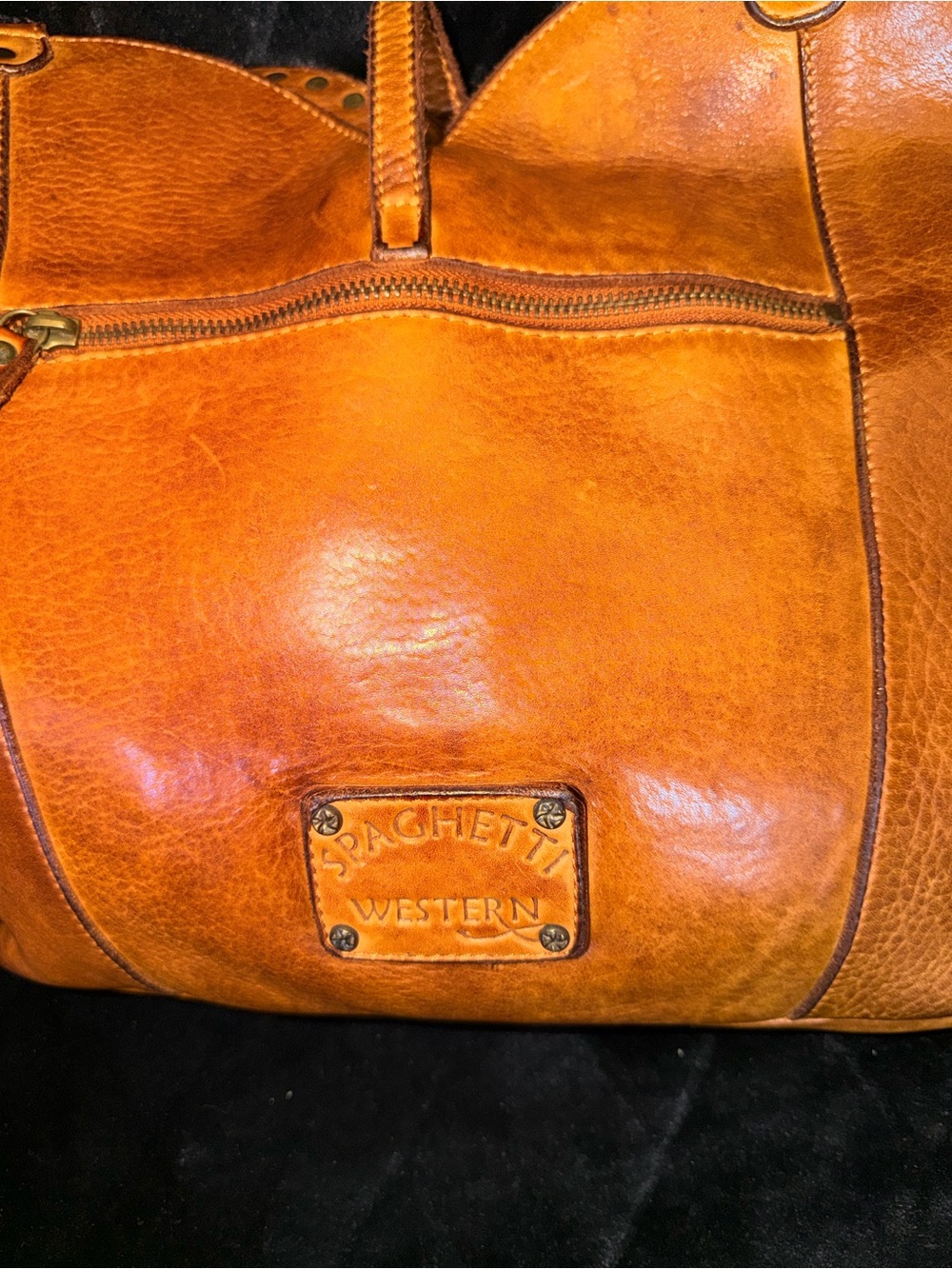 Studded Tan Leather Shoulder Bag with Antiqued Hardware - Picture 4 of 9